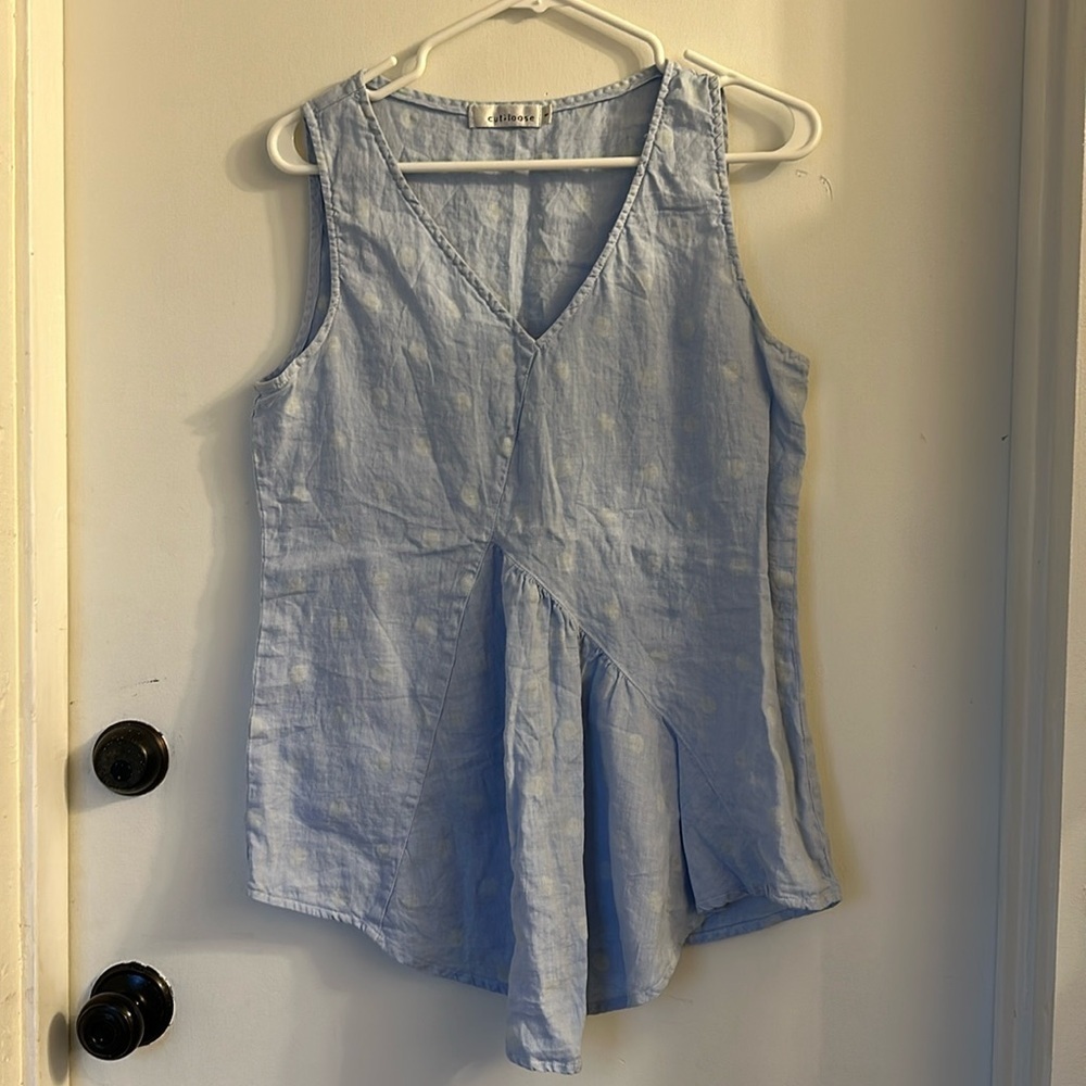 Cut Loose sleeveless light blue white polka dot Linen Top Peplum small